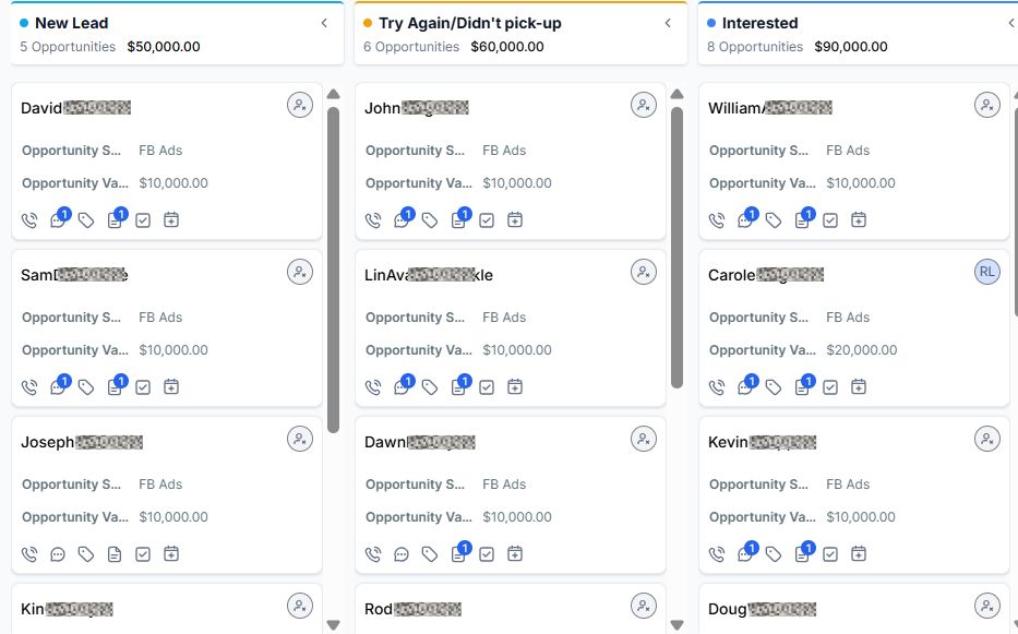 Live CRM pipeline showing $200,000 in real opportunities from FB Ads campaign