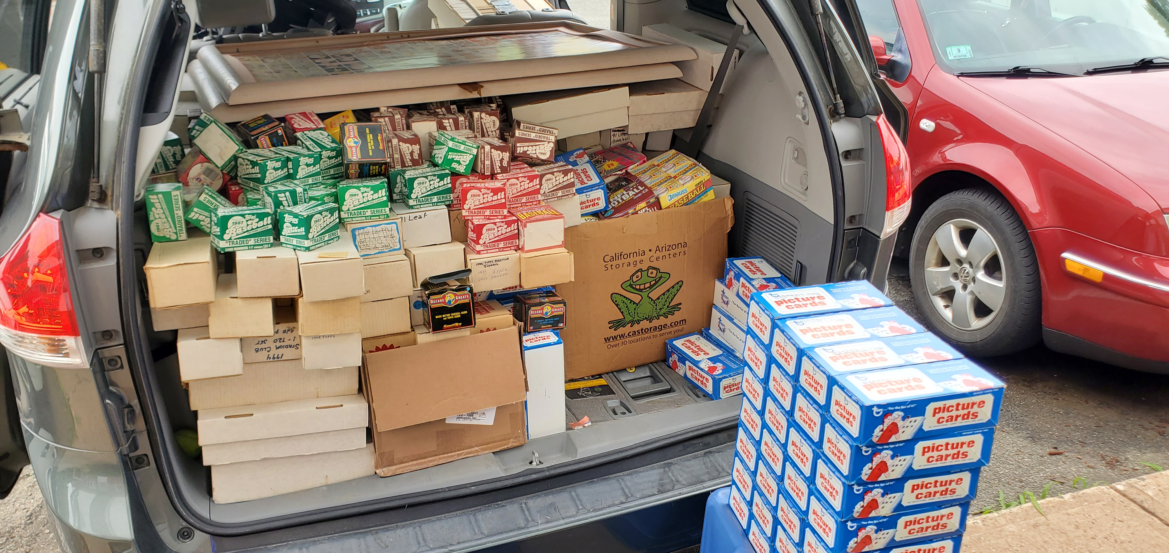 A car trunk packed with boxes from a collection Atlantic Cards bought