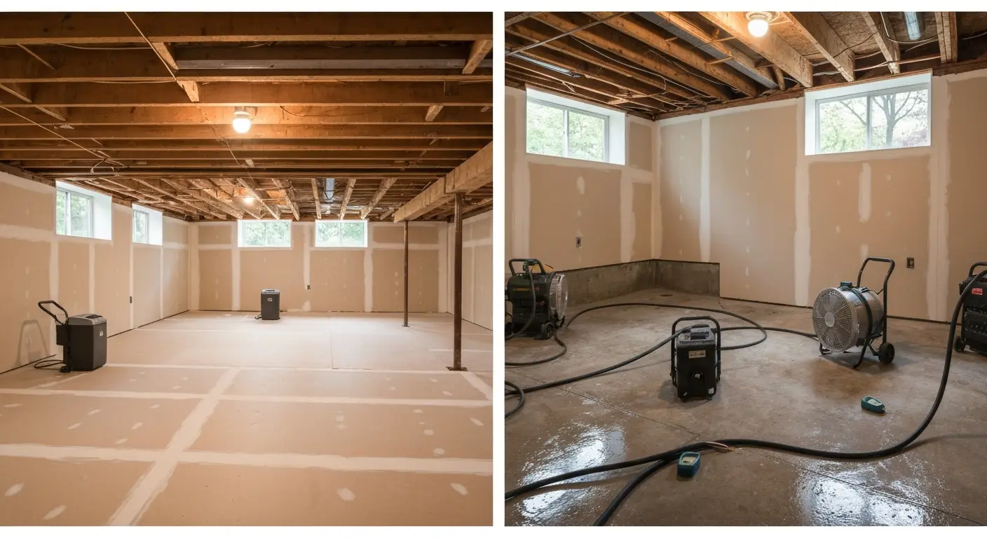 Before and after basement water damage restoration
