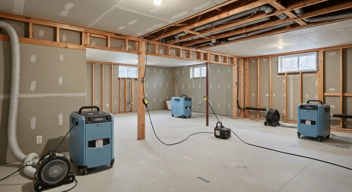 Basement water removal with dehumidification equipment