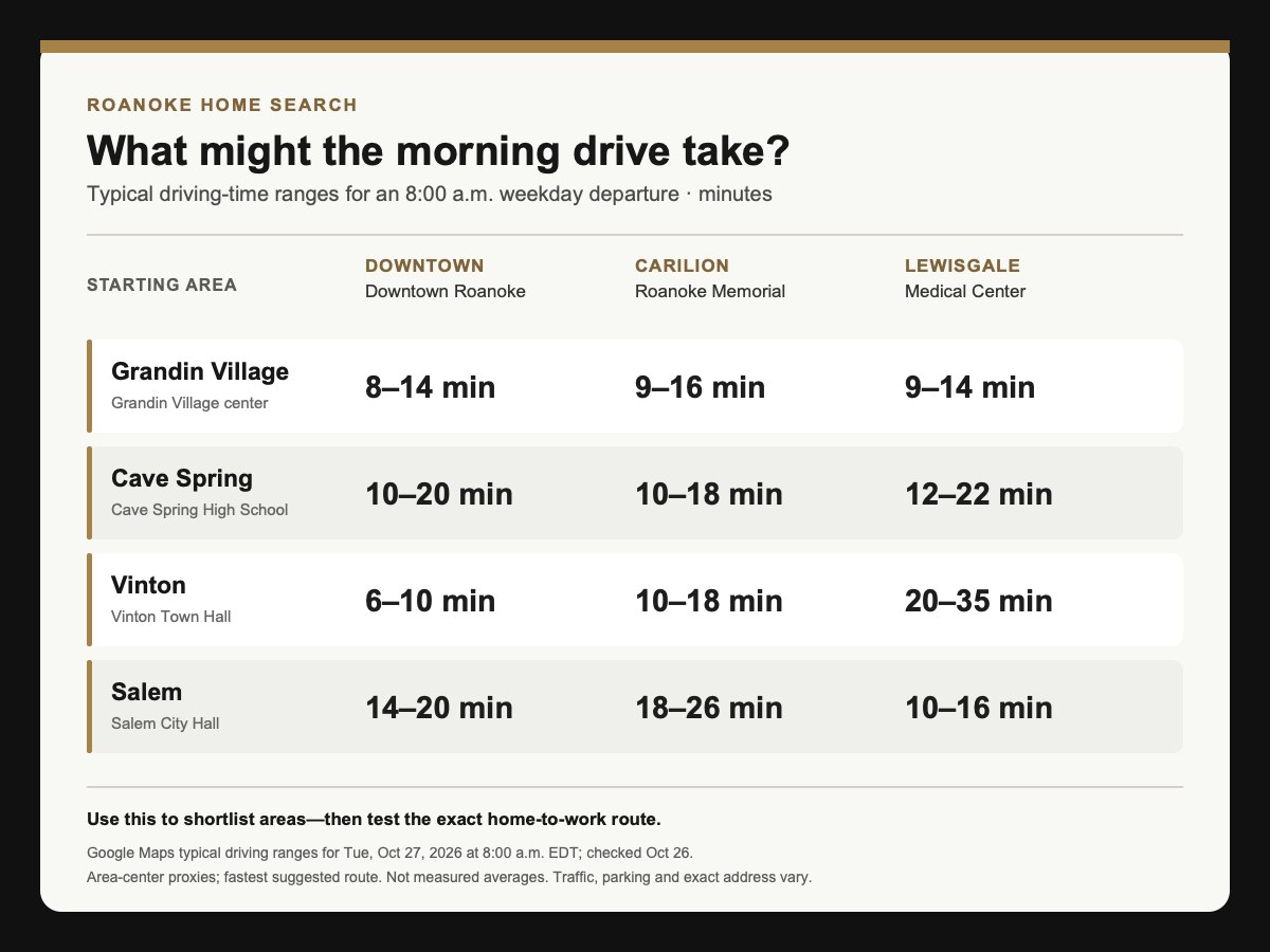 Average commute times from prominent Roanoke residential areas to work areas Average commute times from prominent Roanoke residential areas to work areas