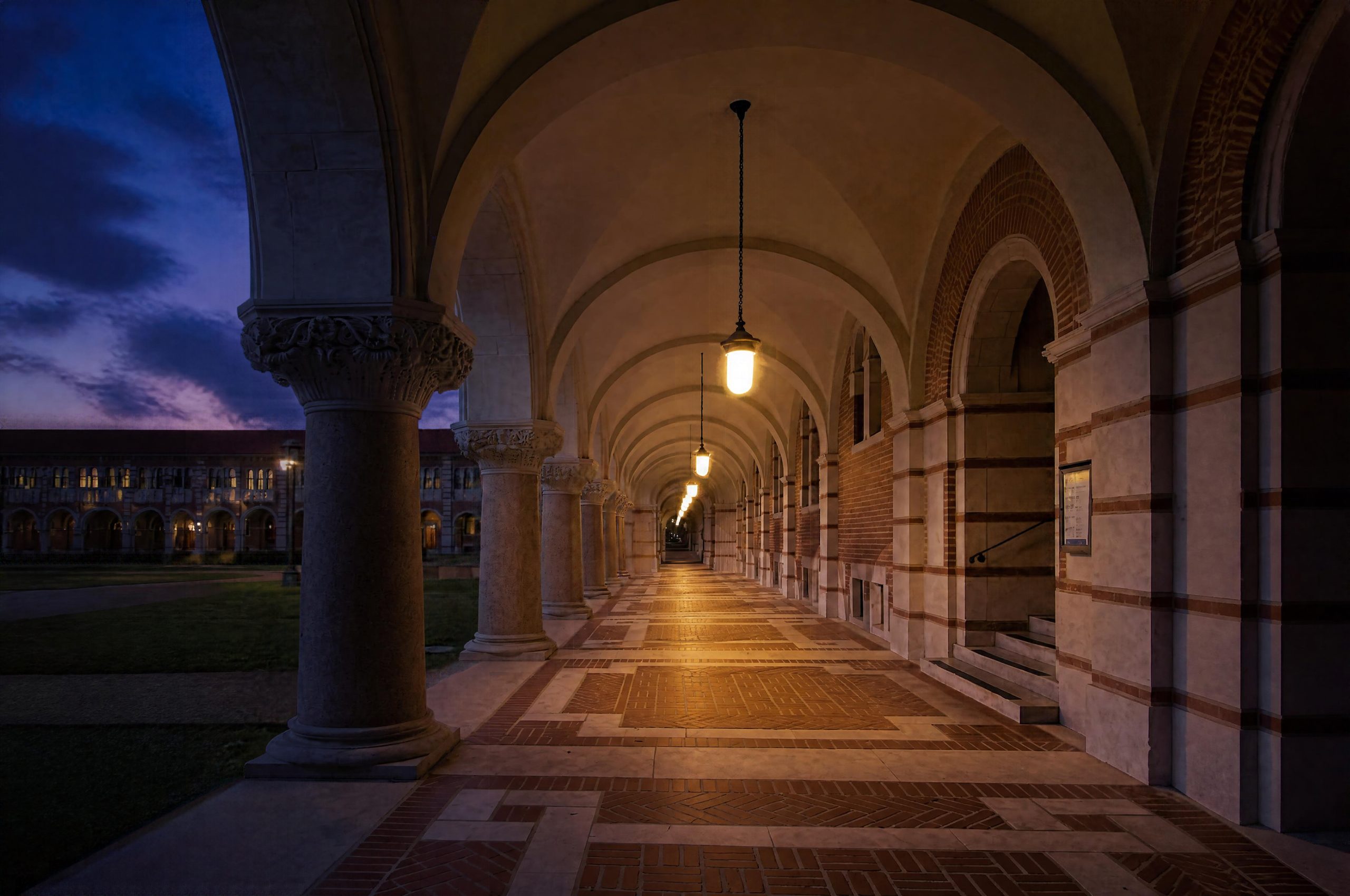 Rice University arcade at dusk