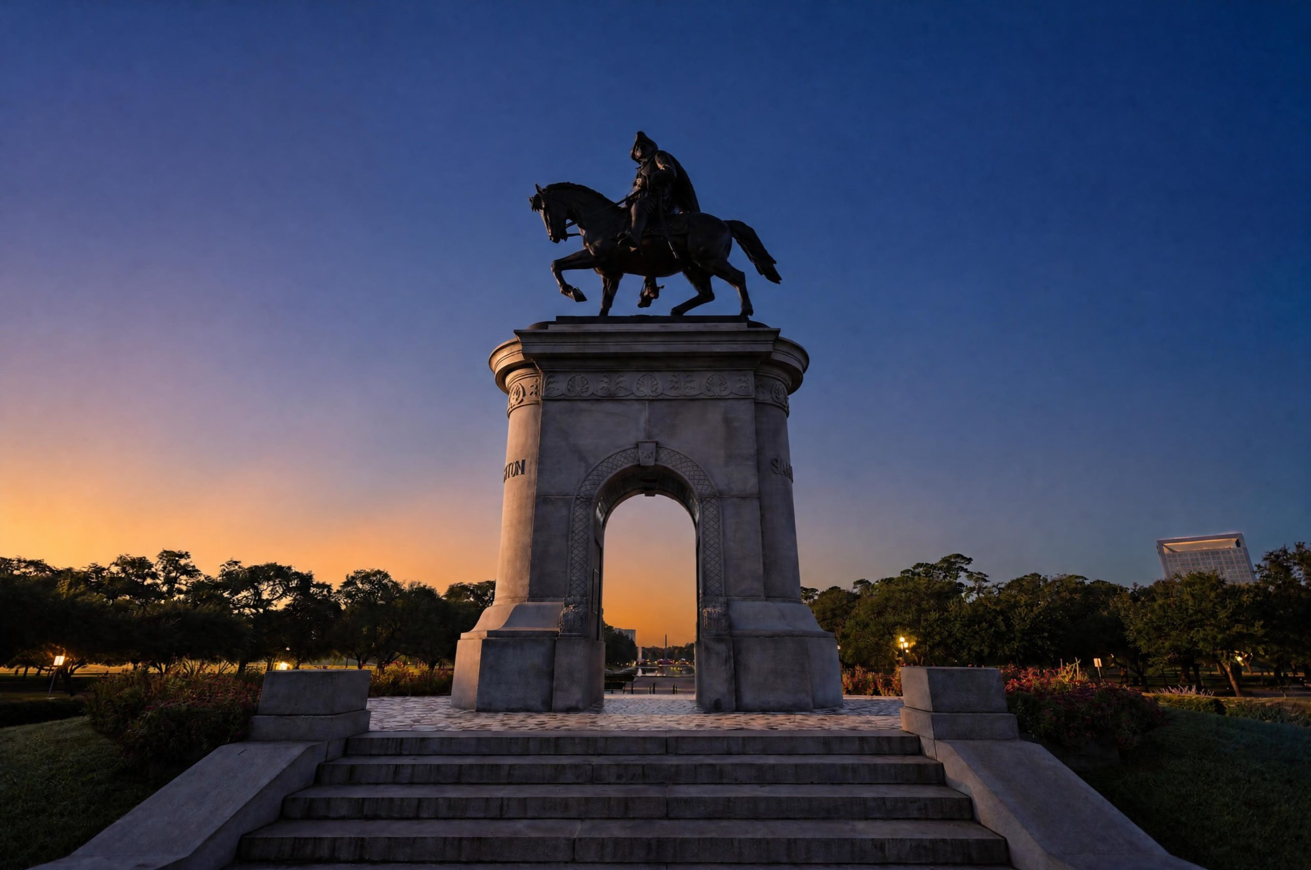 Sam Houston Monument in Hermann Park at dusk