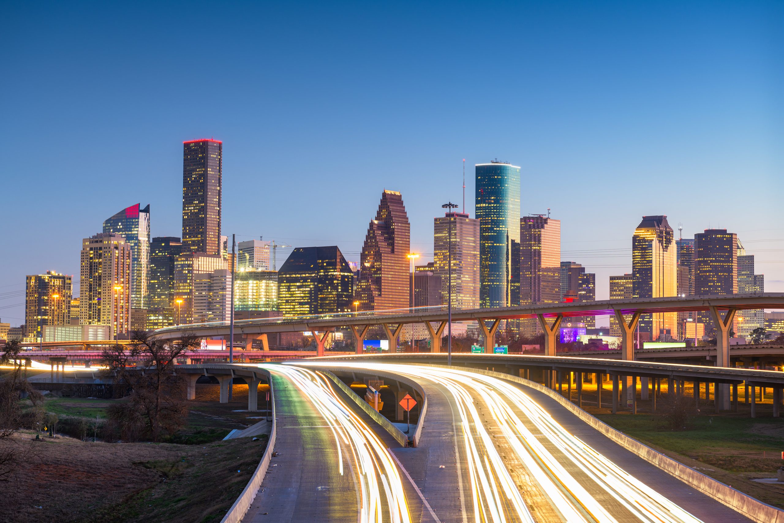 Downtown Houston skyline at dusk