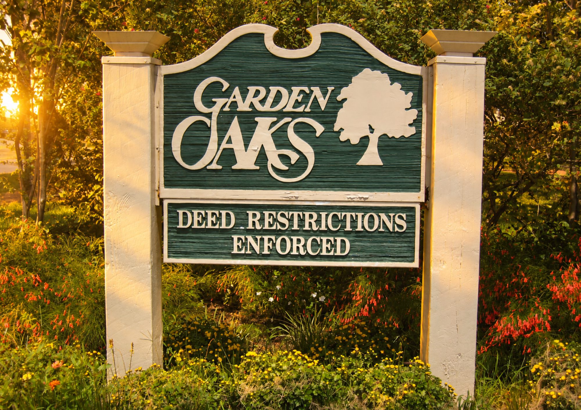Garden Oaks neighborhood sign at golden hour