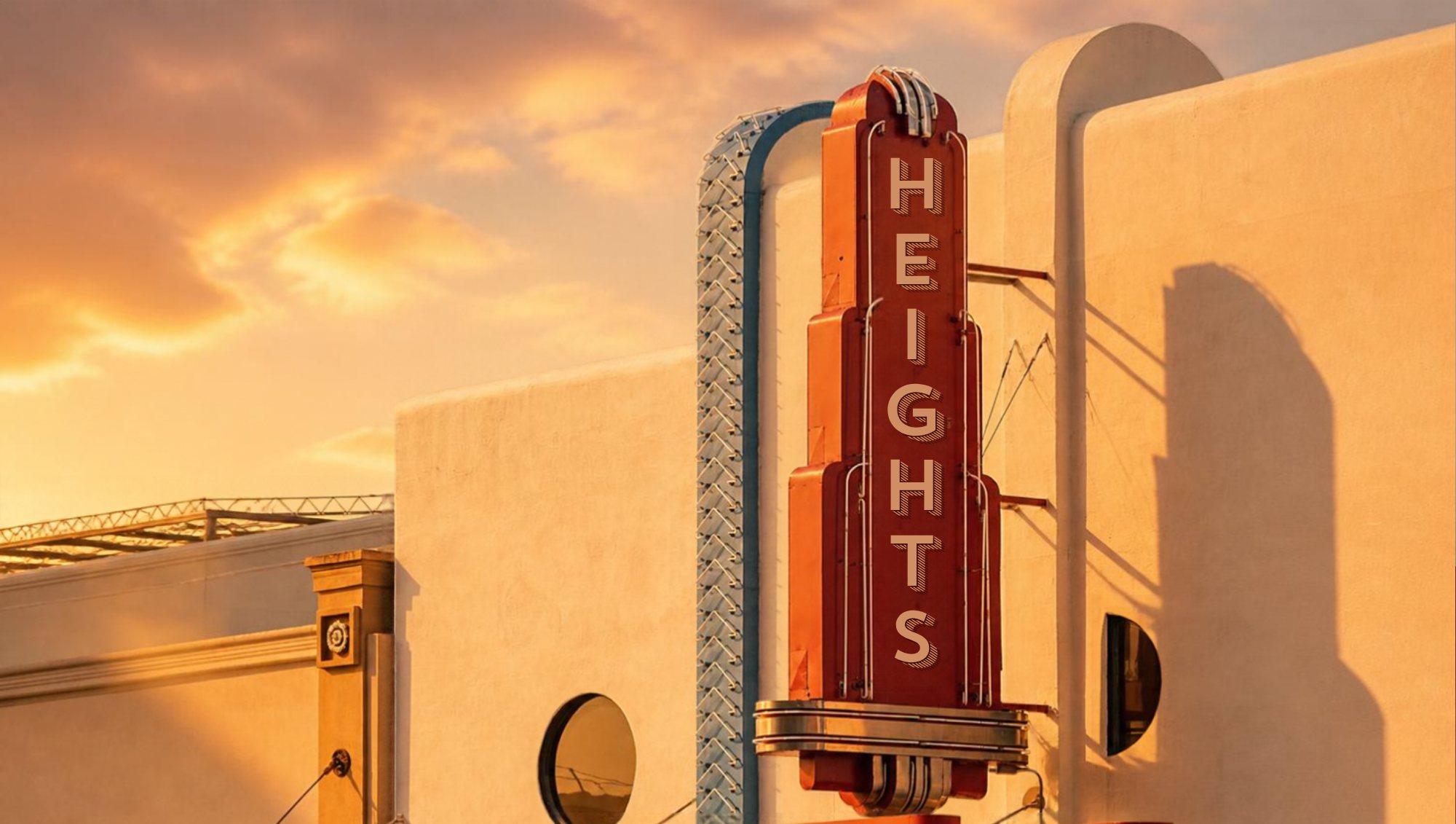 Heights Theater sign at golden hour