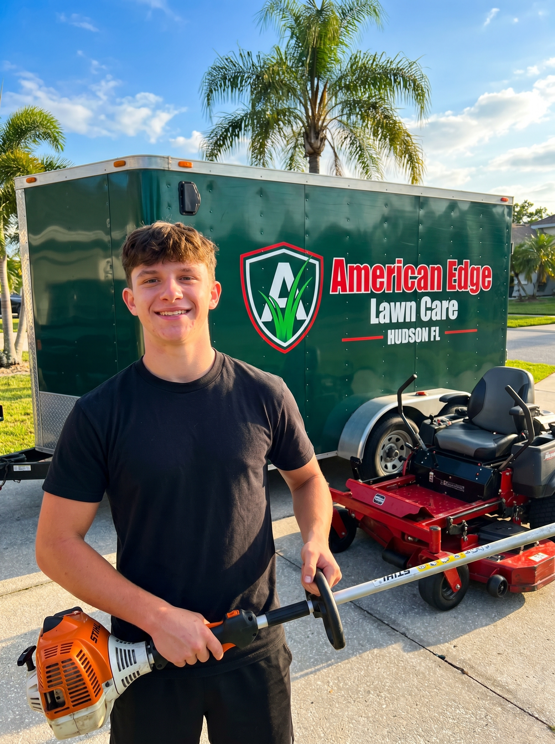 Aidan Pulley, 16-year-old co-owner of American Edge Lawn Care, holding a commercial string trimmer in front of branded company trailer