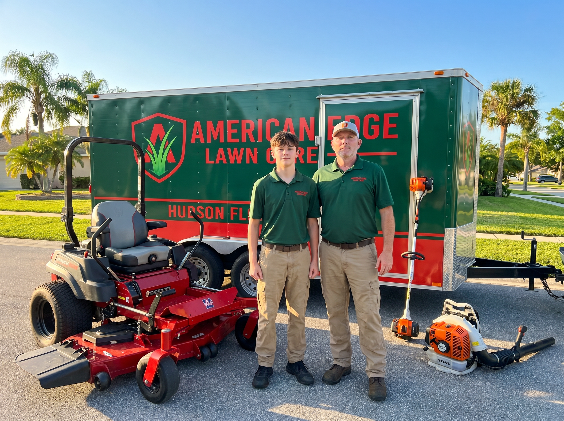Rockey and Aidan Pulley — father-son owners of American Edge Lawn Care standing in front of their branded enclosed lawn care trailer in Hudson FL