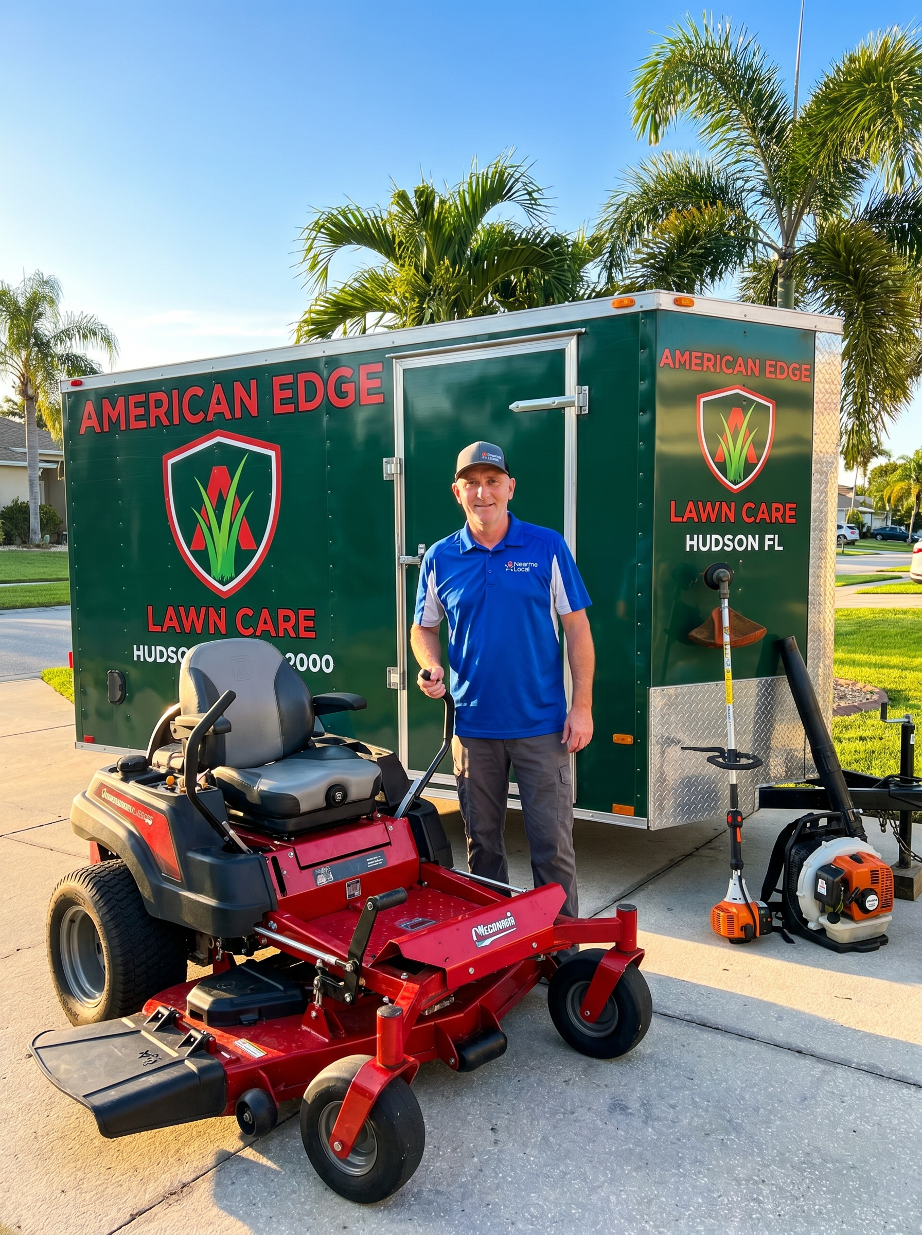 Rockey Pulley, owner of American Edge Lawn Care, standing beside commercial zero-turn mower and branded company trailer in Hudson Florida