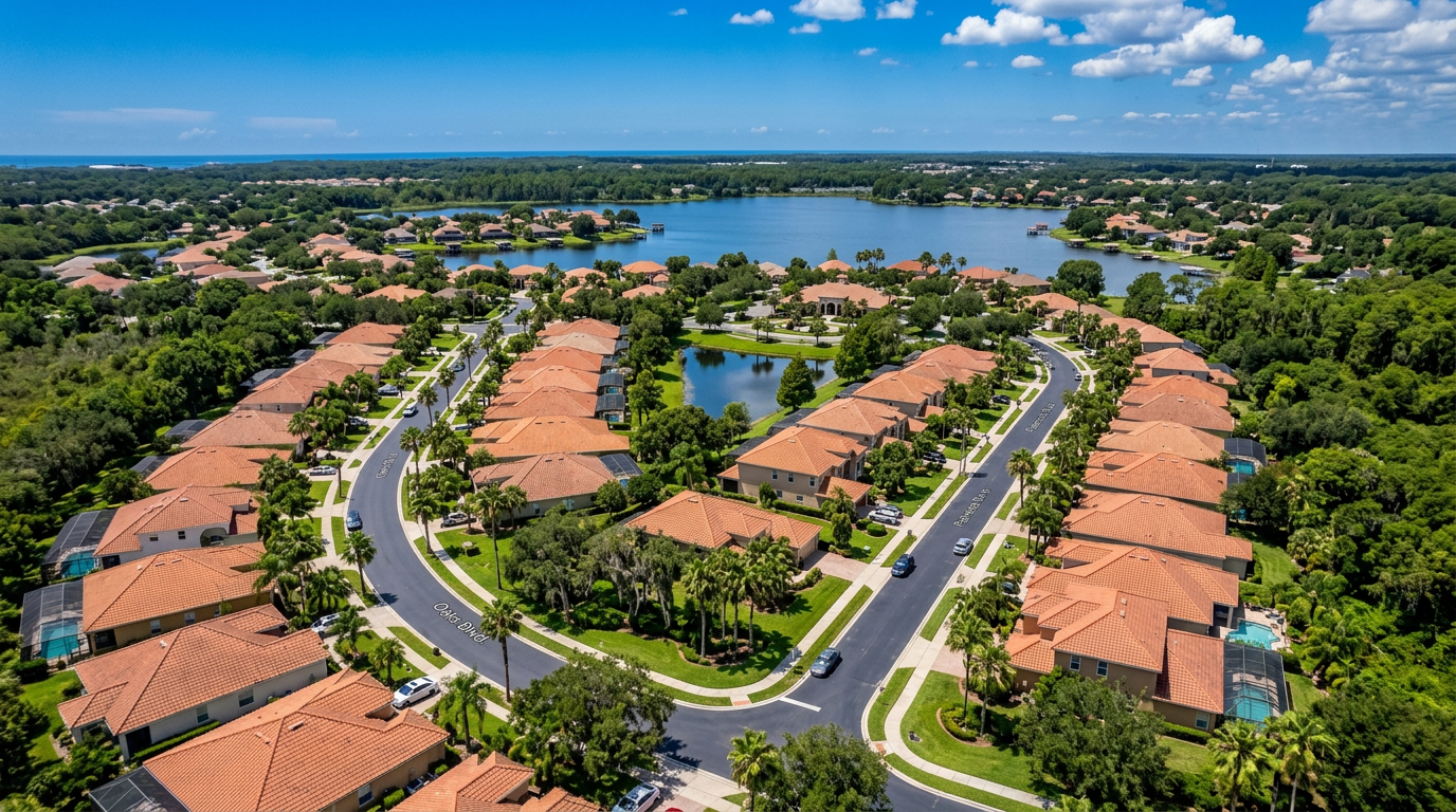 Aerial view of Hudson FL suburban neighborhood served by American Edge Lawn Care