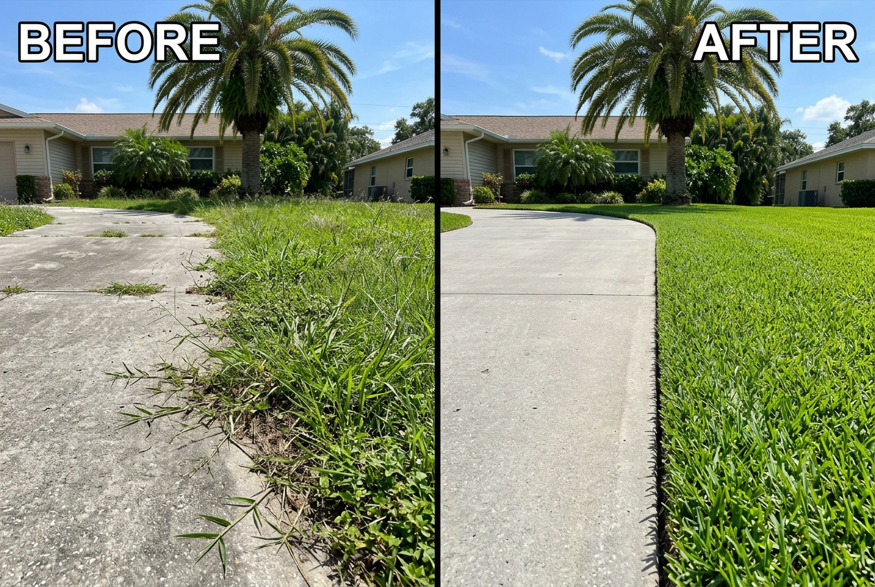 Before and after — sharp driveway edging transformation on Hudson Florida home