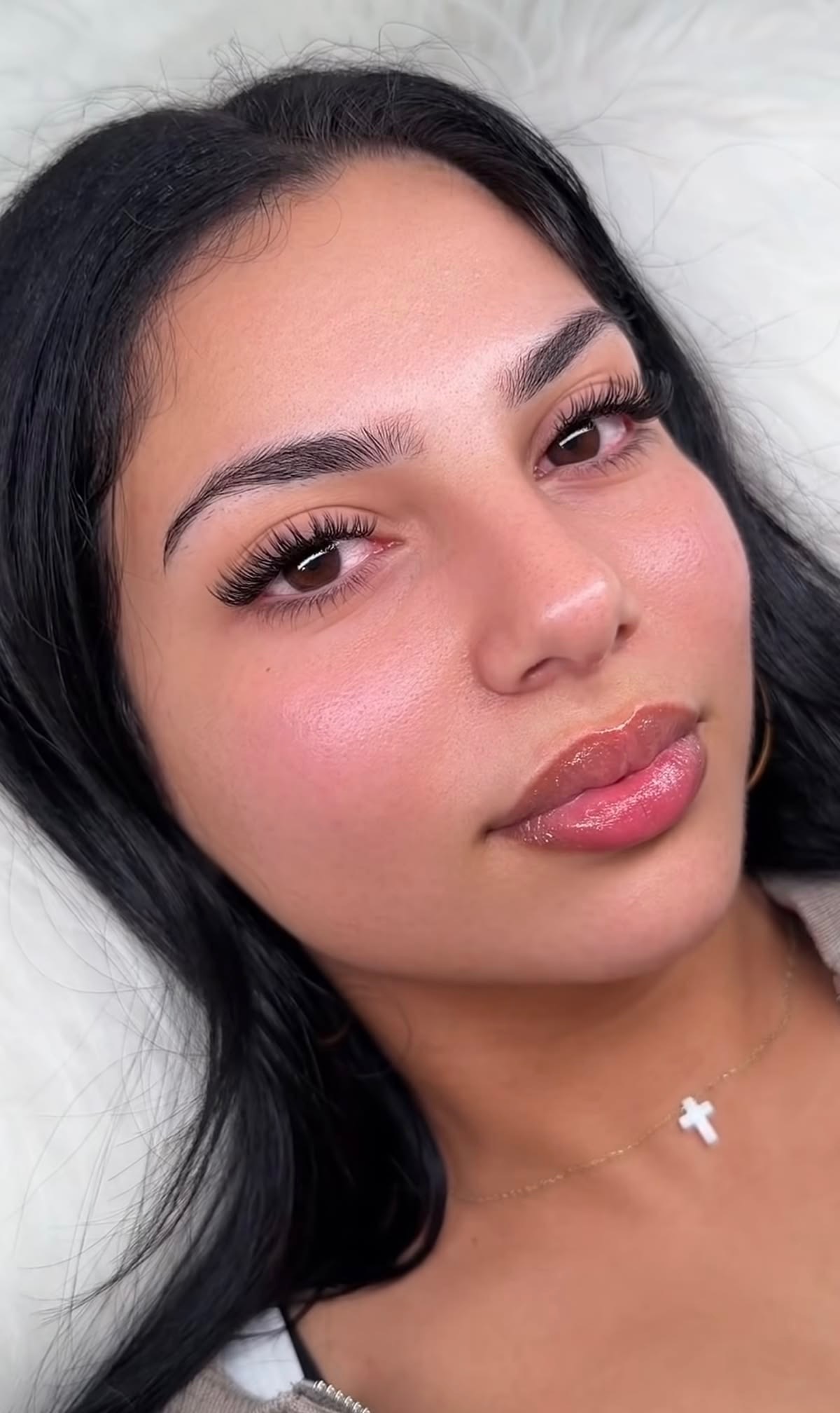 Hybrid full set — classic lashes mixed with volume fans, applied at Beauty By Mel in Guelph