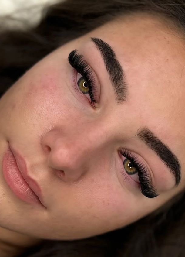 Volume full set — handmade fans for a full, dark lash line, applied at Beauty By Mel in Guelph