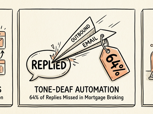 Sketch of a paper airplane email crashing into a reply speech bubble, representing tone-deaf automated follow-ups.