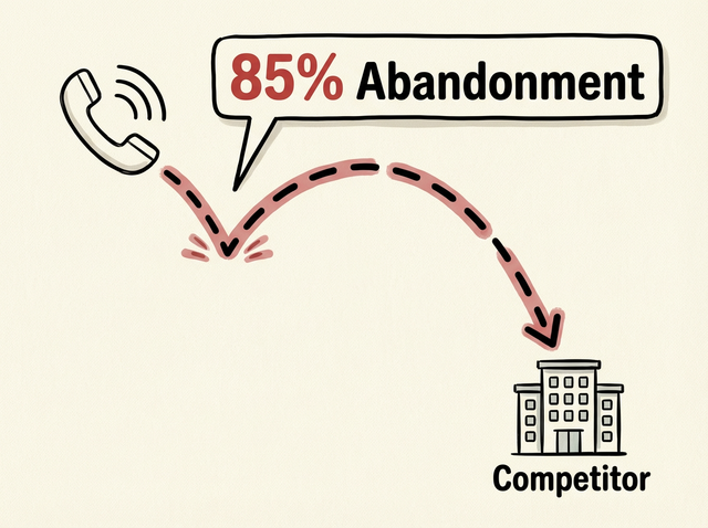 Sketch illustrating an 85 percent abandonment rate as an unanswered call deflects to a competitor