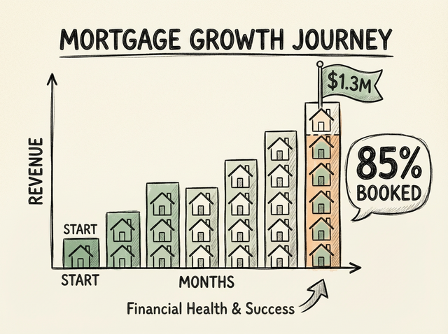 Bar chart made of stacked house icons with a $1.3M flag, representing mortgage broker revenue growth.