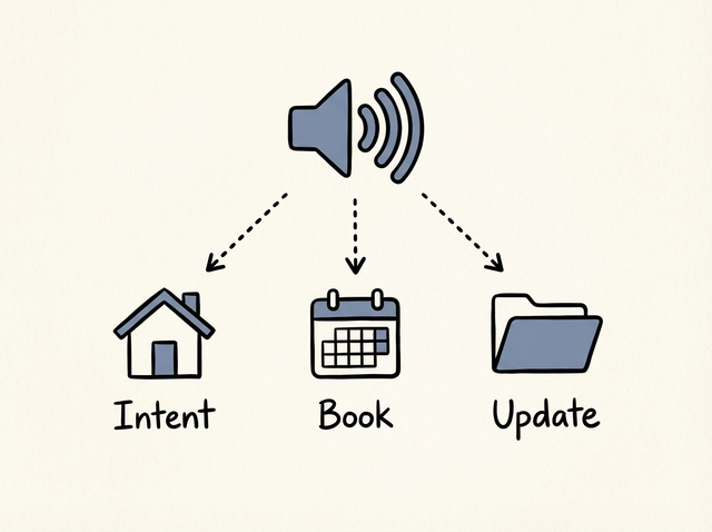Branching diagram showing a sound wave routing to a house, calendar, and folder, representing AI parsing mortgage inquiries.