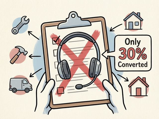 Illustration of a headset and a rejected checklist representing the low conversion rate of human answering services