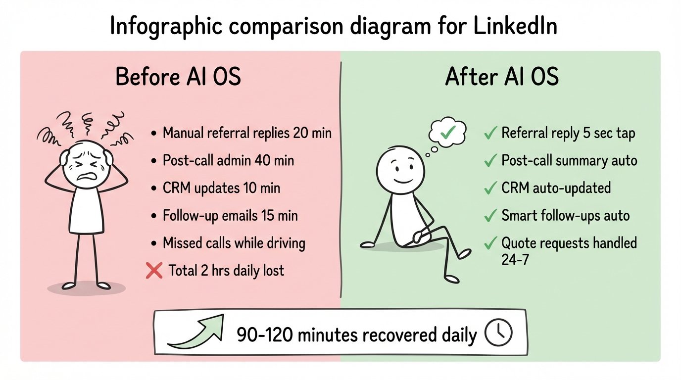 Before AI OS vs After AI OS — time recovered daily across mortgage broking, property, and trades