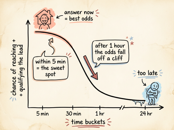 A sketch chart showing lead conversion odds dropping sharply as response time increases. A sketch chart showing lead conversion odds dropping sharply as response time increases.