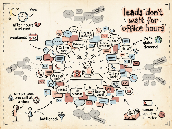 One salesperson overwhelmed by more simultaneous leads than a human can answer, with some slipping away. One salesperson overwhelmed by more simultaneous leads than a human can answer, with some slipping away.