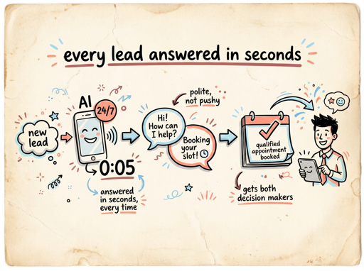 An always-on AI first responder instantly answering a lead and booking a qualified appointment. An always-on AI first responder instantly answering a lead and booking a qualified appointment.