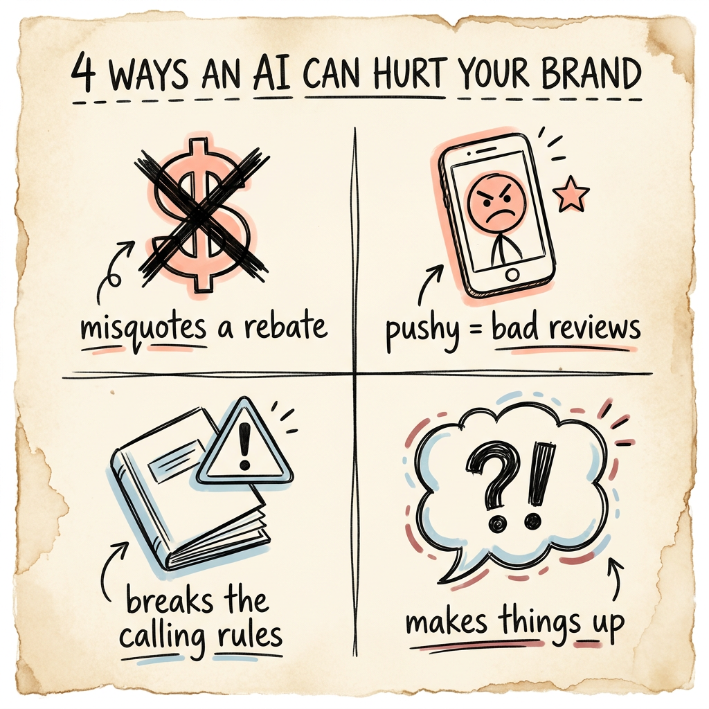 A four-panel sketch of the brand-safety risks of AI calling - misquoting rebates, pushy calls, compliance breaches, and made-up answers.