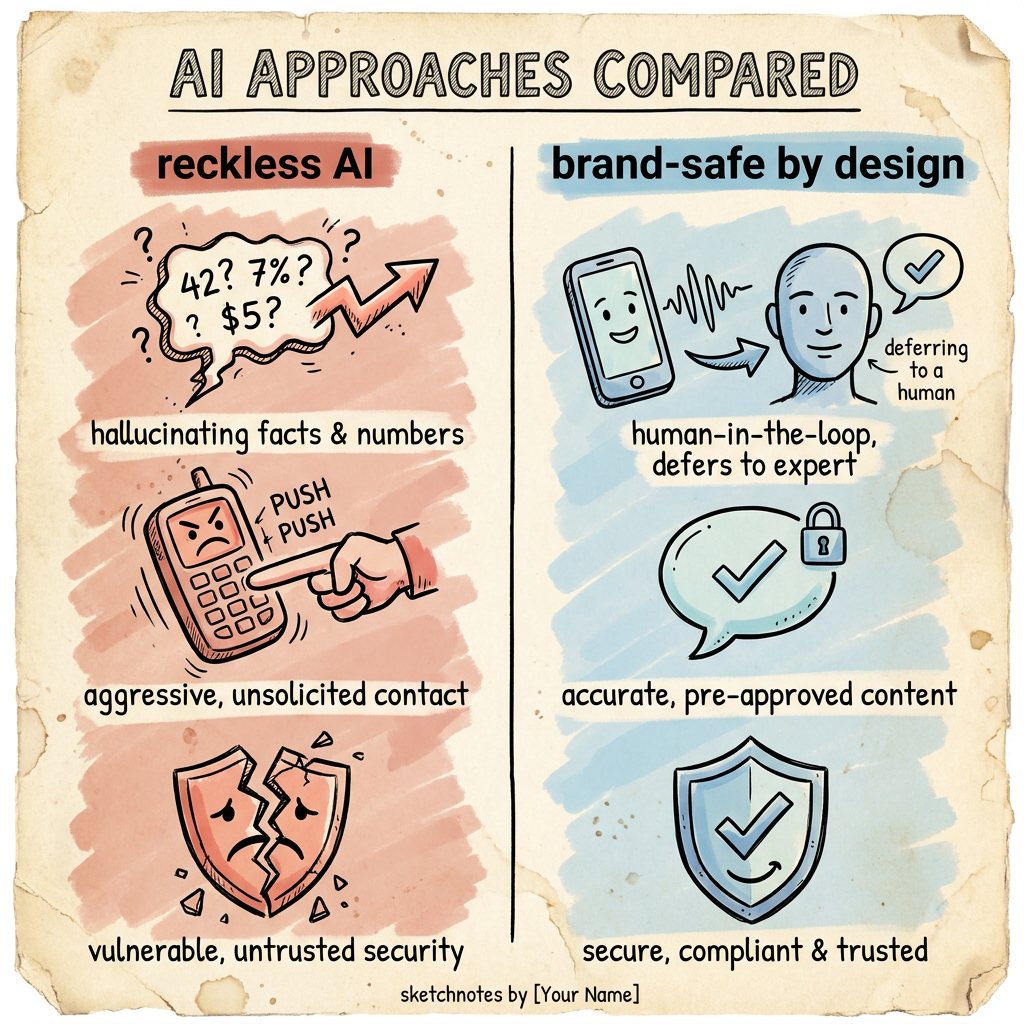 A two-column sketch contrasting a reckless AI with a brand-safe-by-design AI across numbers, tone and safeguards.