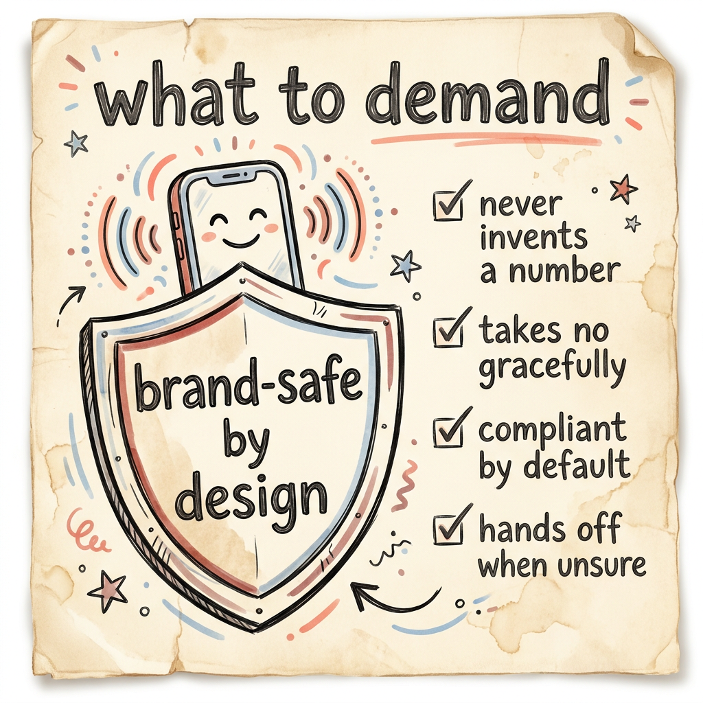 A shield labelled brand-safe by design with a checklist of what to demand from an AI voice agent.