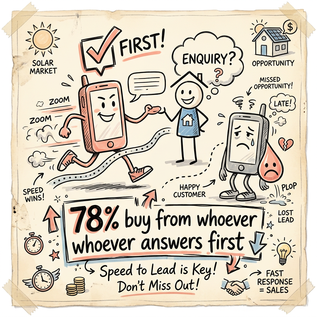 A race sketch showing most customers buy from the first solar company to respond.