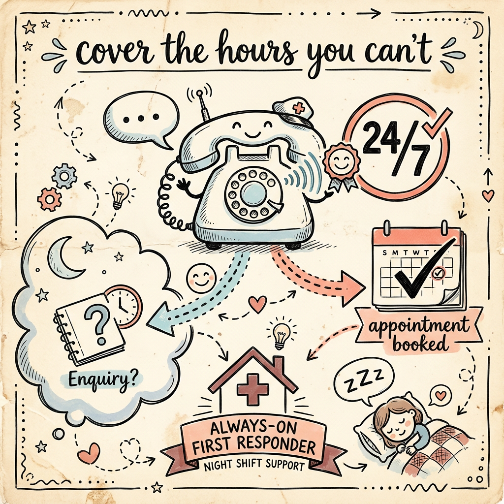 An always-on AI first responder answering a night-time enquiry and booking an appointment while the owner sleeps.