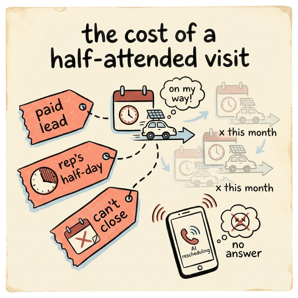 A single solar assessment shedding cost tags - paid lead, rep's half-day, a slot that cannot close - to show what a half-attended visit costs. 