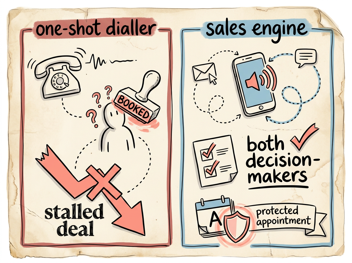 A two-column sketch contrasting a one-shot dialler with a multi-channel AI sales engine that confirms both decision-makers and protects the appointment. 