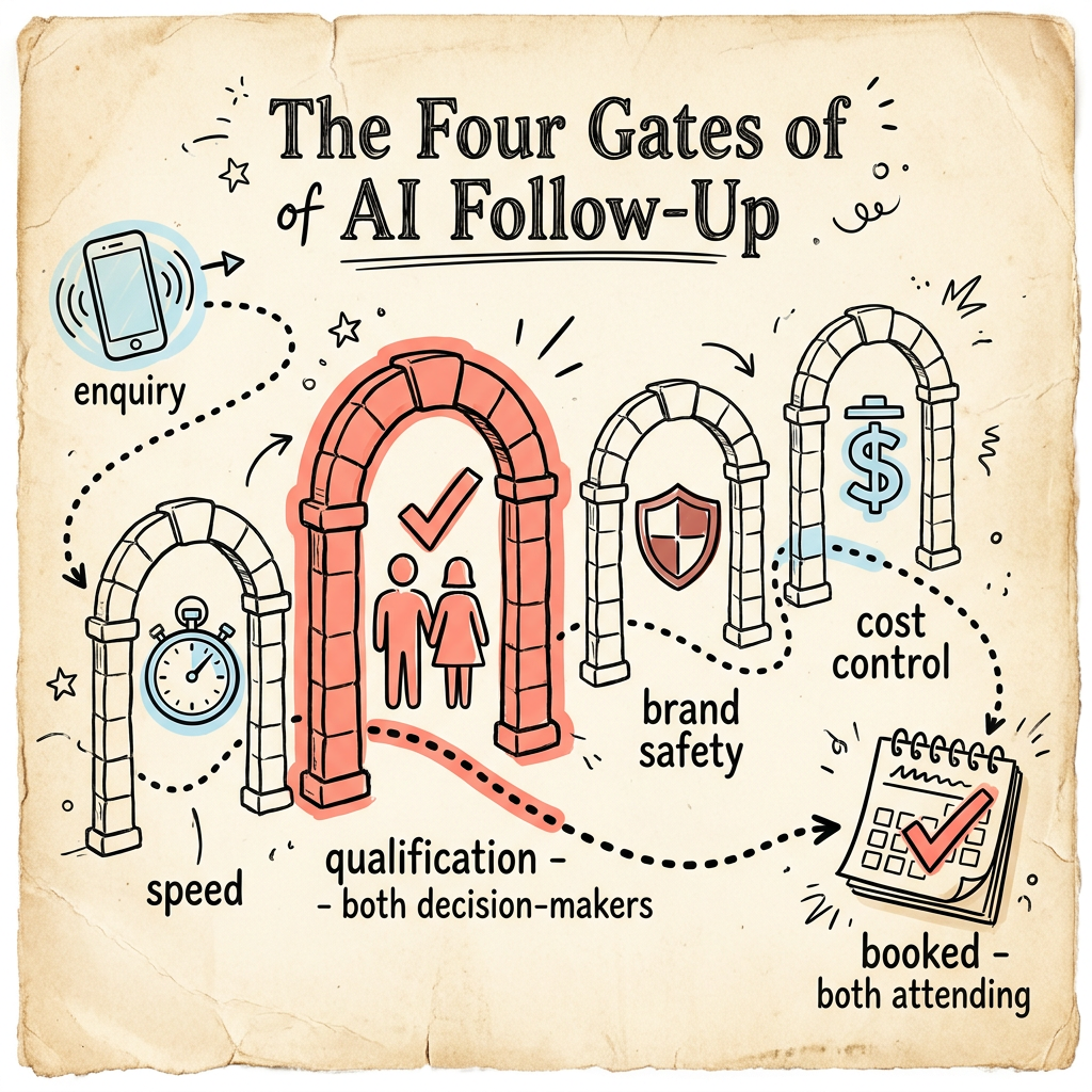 Four gates - speed, qualification (both decision-makers, highlighted), brand safety, cost control - a solar lead passes through to a booked appointment with both attending.