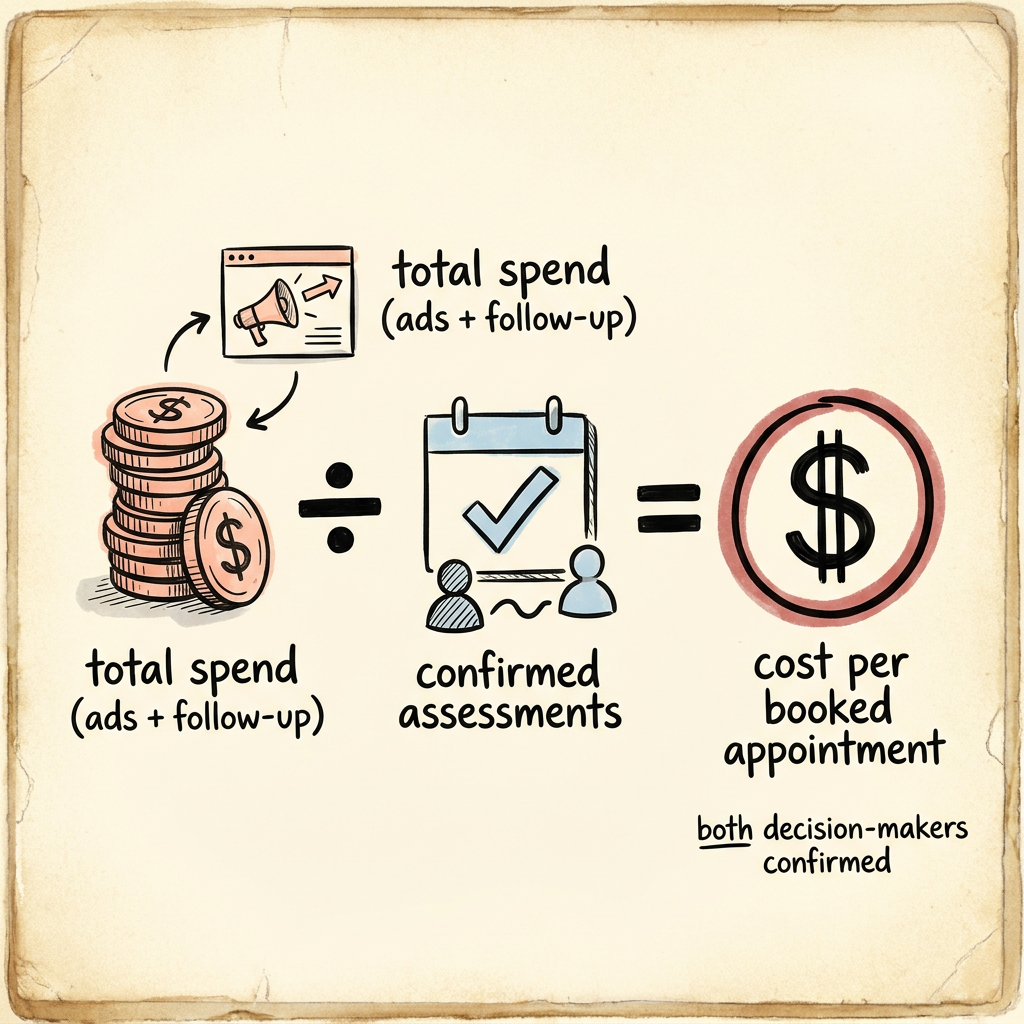 An iceberg sketchnote showing ad spend above the waterline and the hidden follow-up costs - calls, messages, time - below, together making up the true cost per booked appointment. An iceberg sketchnote showing ad spend above the waterline and the hidden follow-up costs - calls, messages, time - below, together making up the true cost per booked appointment.