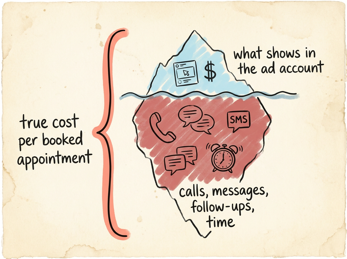 An iceberg sketchnote showing ad spend above the waterline and the hidden follow-up costs - calls, messages, time - below, together making up the true cost per booked appointment. An iceberg sketchnote showing ad spend above the waterline and the hidden follow-up costs - calls, messages, time - below, together making up the true cost per booked appointment.