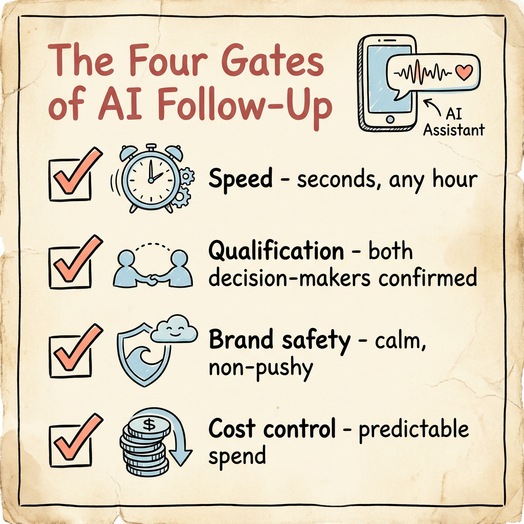 A four-gate checklist sketchnote - speed, qualification, brand safety, cost control - titled The Four Gates of AI Follow-Up, with a phone-and-soundwave AI motif alongside. A four-gate checklist sketchnote - speed, qualification, brand safety, cost control - titled The Four Gates of AI Follow-Up, with a phone-and-soundwave AI motif alongside.