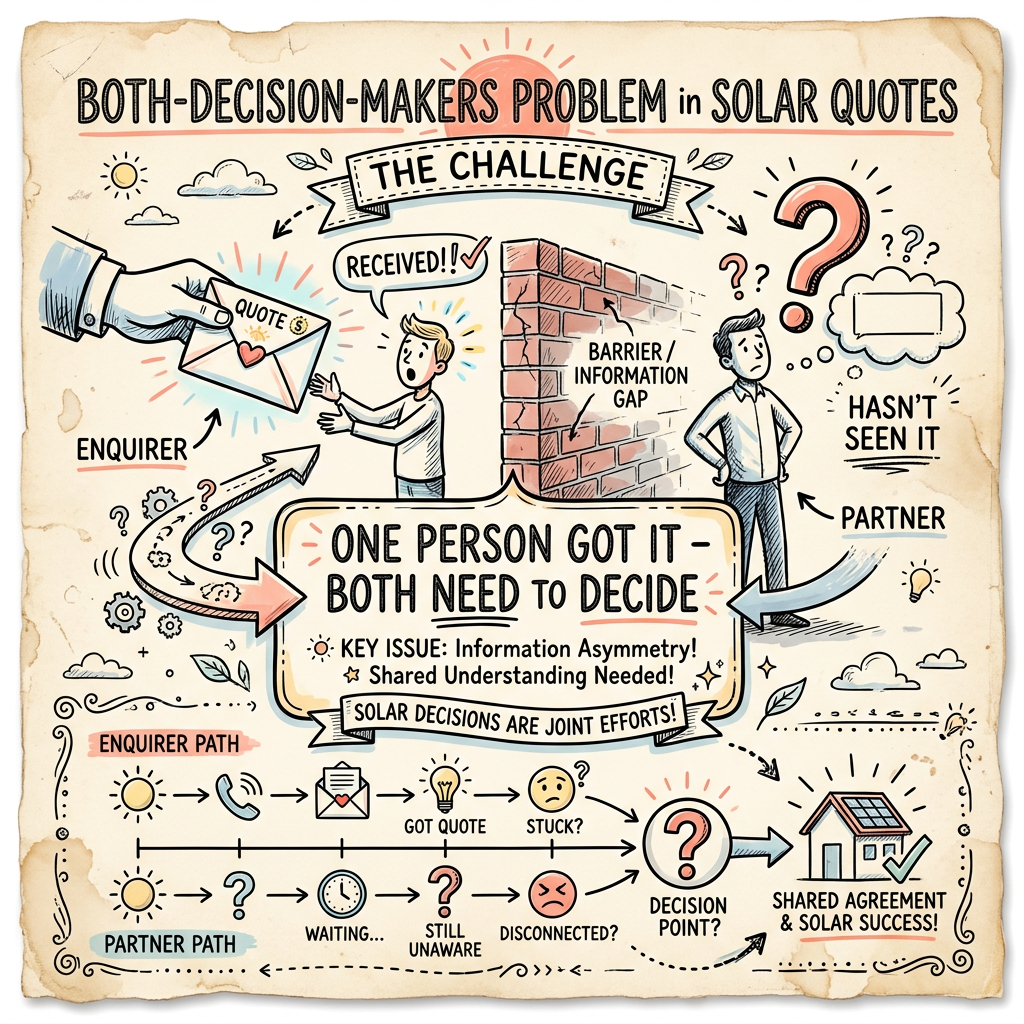 A solar quote reaching one homeowner while their partner, behind a wall, has not seen it - illustrating the both-decision-makers problem. A solar quote reaching one homeowner while their partner, behind a wall, has not seen it - illustrating the both-decision-makers problem.
