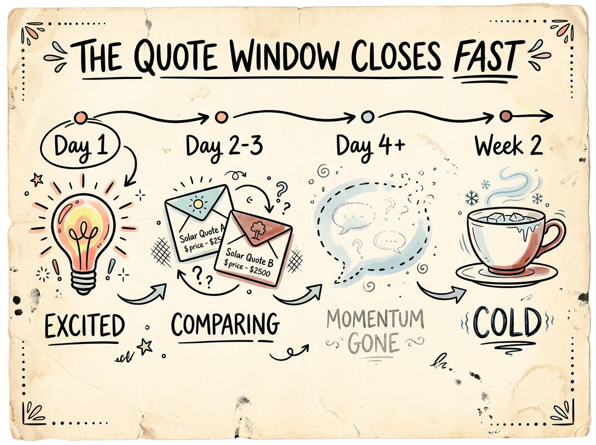 A timeline sketch showing homeowner interest fading from excited to cold across the days after a solar quote is sent. A timeline sketch showing homeowner interest fading from excited to cold across the days after a solar quote is sent.