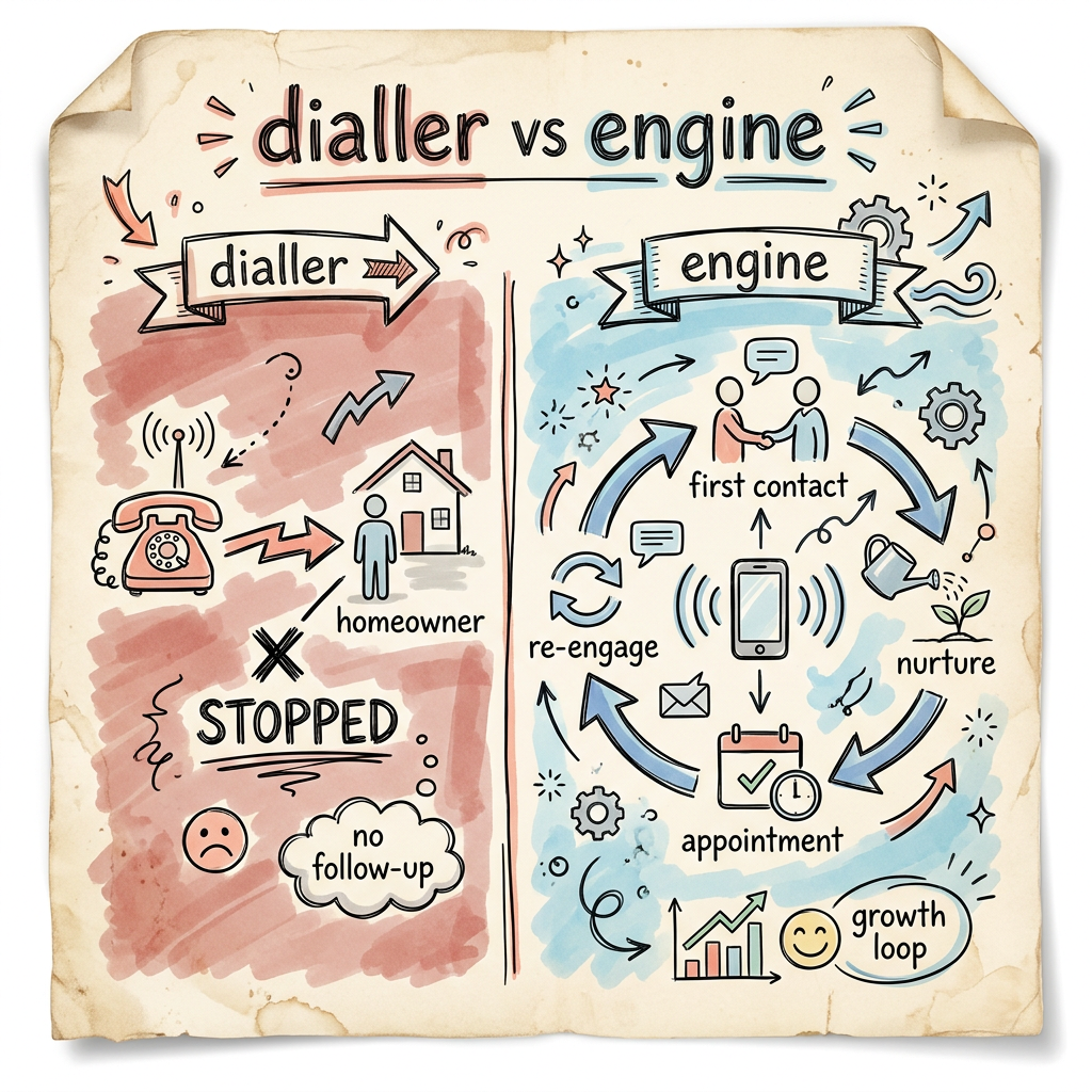 A sketch contrasting a single-call dialler with a multi-stage AI sales engine that covers the whole solar sales lifecycle. A sketch contrasting a single-call dialler with a multi-stage AI sales engine that covers the whole solar sales lifecycle.
