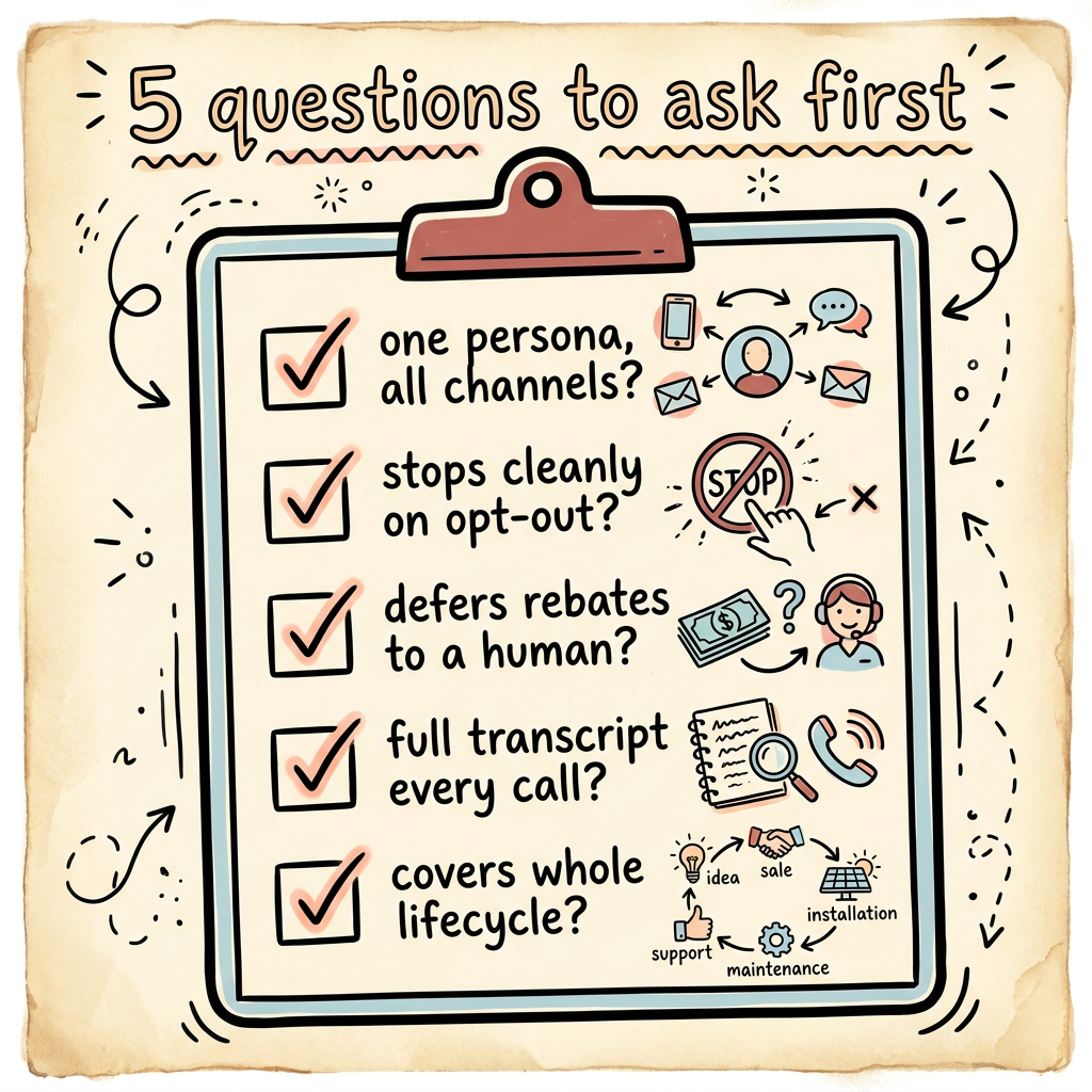 A checklist of five questions to ask before choosing an AI follow-up system for a solar business. A checklist of five questions to ask before choosing an AI follow-up system for a solar business.
