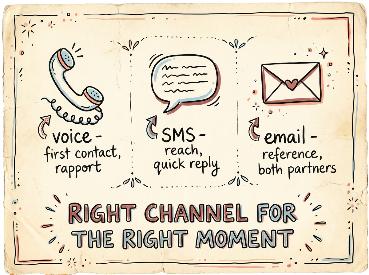 A three-panel sketch showing voice, SMS and email and the distinct job each channel does in solar lead follow-up. A three-panel sketch showing voice, SMS and email and the distinct job each channel does in solar lead follow-up.