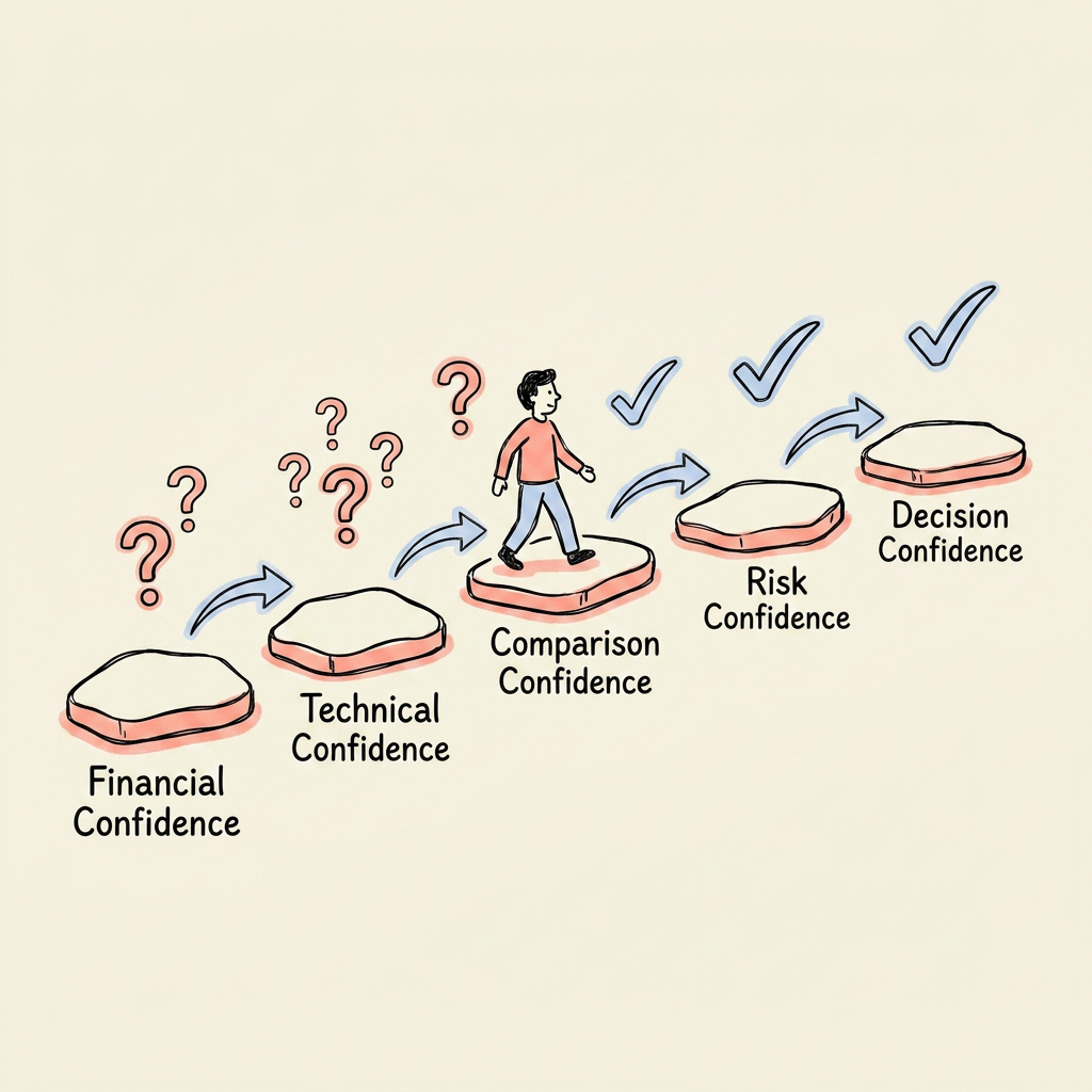 Hand-drawn stepping-stone path across the five solar buying confidence stages, from financial to decision confidence