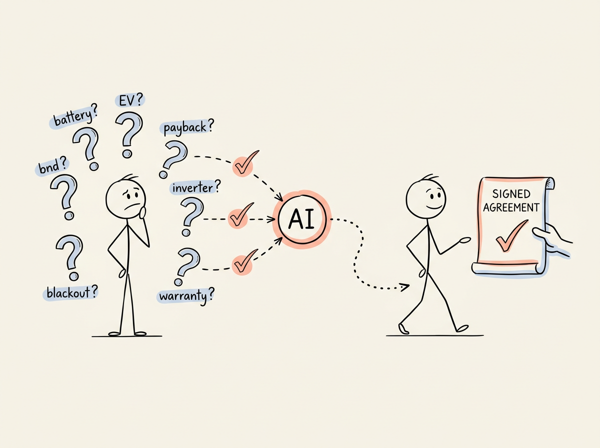 Sketch of an AI node turning a homeowner's floating questions into checkmarks as they walk toward a signed solar agreement