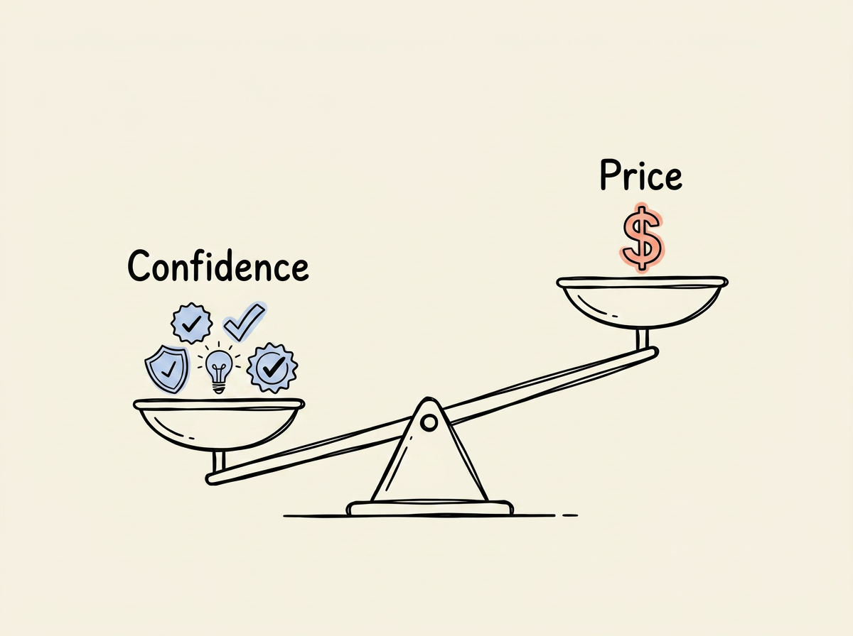 ketch of a balance scale weighing a dollar sign against trust and knowledge icons, with confidence outweighing price