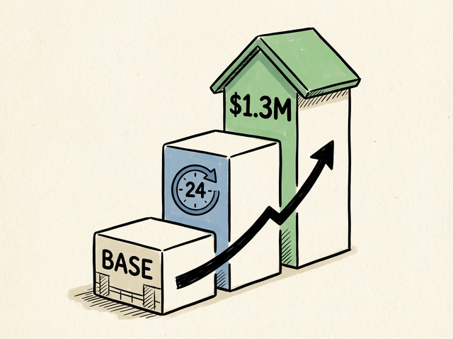 Hand-drawn structural bar chart shaped like a house, highlighting $1.3 million in new revenue through 24-hour coverage.