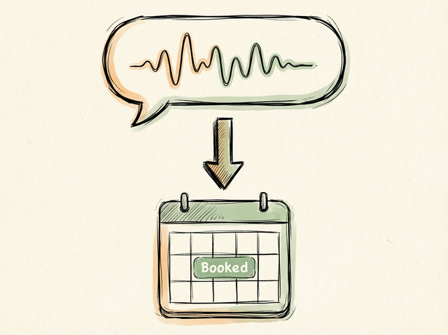 Diagram showing an artificial intelligence voice conversation turning directly into a booked calendar appointment