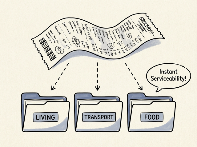 Diagram showing a messy receipt sorting cleanly into three category folders Diagram showing a messy receipt sorting cleanly into three category folders