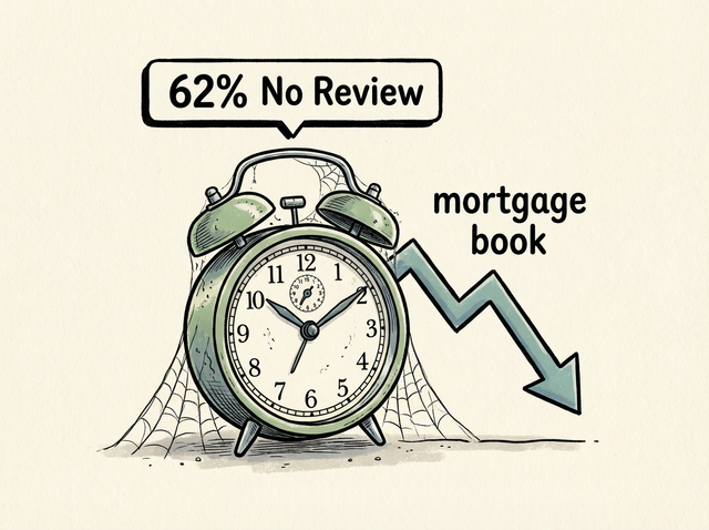 Illustration of a cobwebbed alarm clock next to a declining graph, showing the failure of set-and-forget mortgage retention strategies.