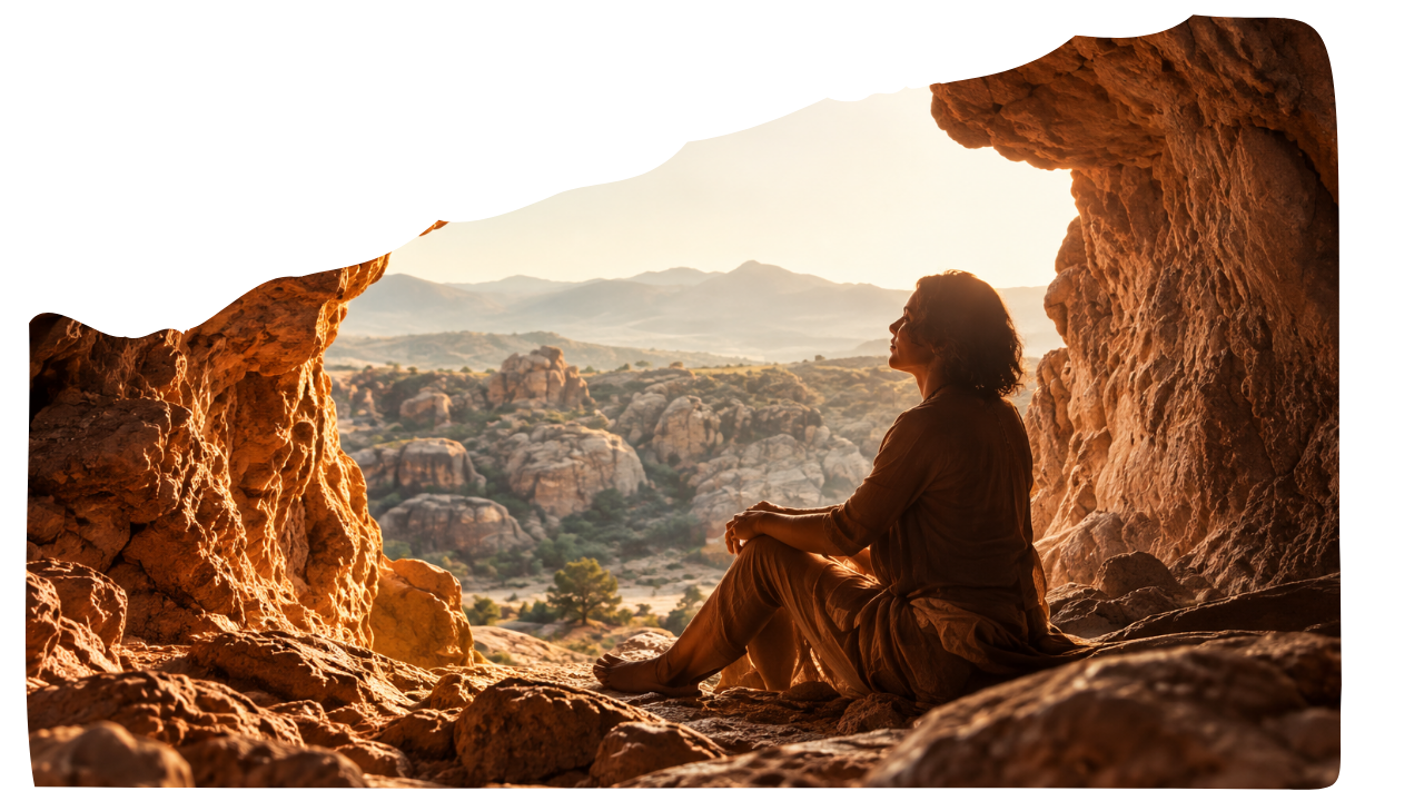 Woman sitting inside a sunlit cave